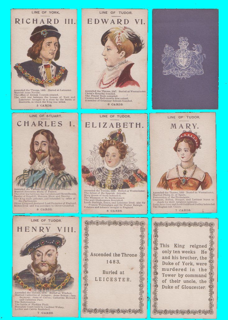 Hide & Seek with the Kings & Queens of England, series 1. by Jaques & Son London, circa 1900. Beautifully illustrated cards of the Kings, all cards stiff & strong, good used, but 2 cards have small tear on one side, measures approx quarter to half inch, does not detract from overall beauty of this deck. complete + outer stiff drawer-slide box, all good