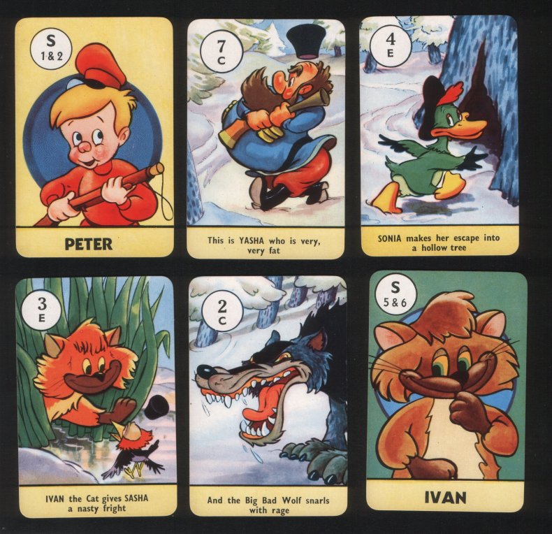 Peter & the Wolf by Walt Disney, British Manufacture, Pepys games. circa 1950-60's ??, very pretty cards, nice art & colouring, all cards + rules booklet MINT + outer box vg - nm