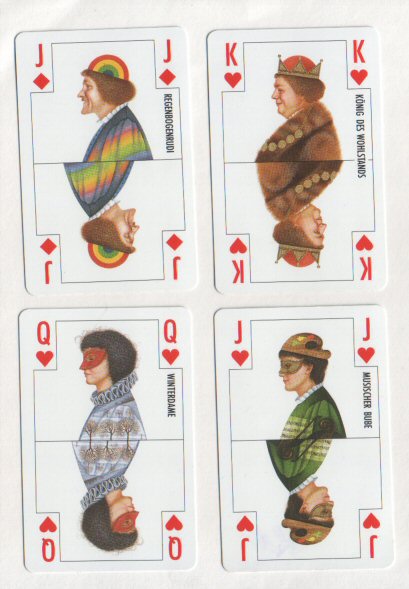 Non-standard playing cards courts. Hilger Art Gallery by Edelbacher Druck 1989. images by Austrian artist J. Bramer. This deck was only available at the Hilger gallery. Scarce. 52 Mint