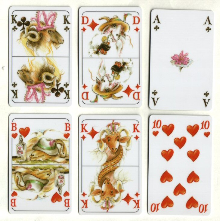 Non-standard playing cards. Datacolor. A very unique deck of cards made on thick plastic cards ( credit card thickness approx ) wonderful art and colouring, court cards have cartoon sheep characters as humans, glossy plastic cards, all MINT. Skat deck
