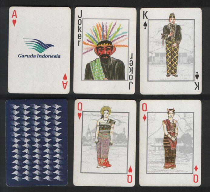 Non-standard playing cards courts Garuda Airlines, lovely ethnic people on courts, nice art, very pretty deck of cards, blue back, 52 + special Joker + box vg
