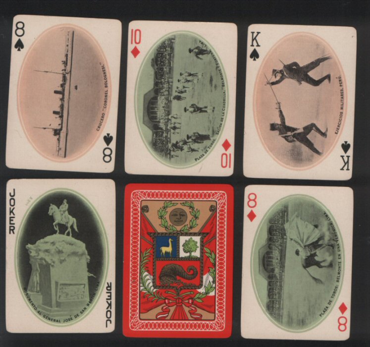 Non-standard playing cards. Very rare wide souvenir deck, 1910. all cards have oval pictures of Peru, backs show beautiful colourful Inca designs, rich gold edges, stiff hard drawer-slide box, 52 + sp.Joker all excellent condition, outer box broken and repaired badly.