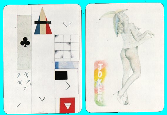 The deck of Postcards" 1980. These playing cards cards are 
postcard size, and each card was produced by a different artist, including David 
Hockney. There are 56 cards in the deck all by 56 different British artists, 52 
+ 2 special Jokers + 2 sp.spare cards, all MINT + box vg-n. This is now a rare, 
hard to find, deck of cards.