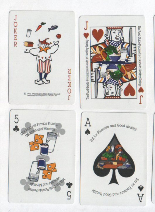 Non-standard playing cards. Washington State Dairy Council, all cards depict dairy produce in art form, + special Joker, all MINT